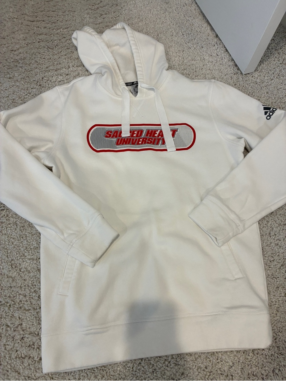 adidas White Pullover Hoodie with Red Sacred Heart University Chest Logo